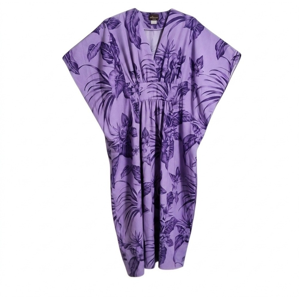 VTG Tropical Eve Hawaii Purple Floral Kaftan - Mrs. Roper Style Muumuu - OS